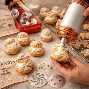 Vintage 1970s Mirro Cookie Press, Includes 12 Cookie Plates 3 Pastry Tips